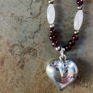 Rose Quartz & Garnet Beaded Heart Necklace Sterling Silver